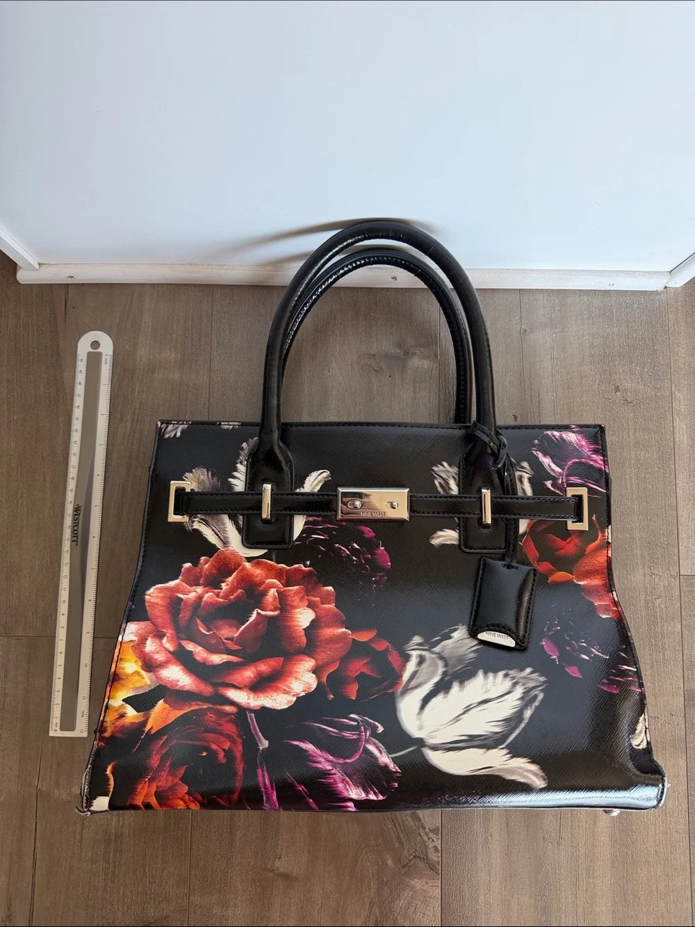 Nine West Black Floral Leather Tote Bag with Red Rose Print